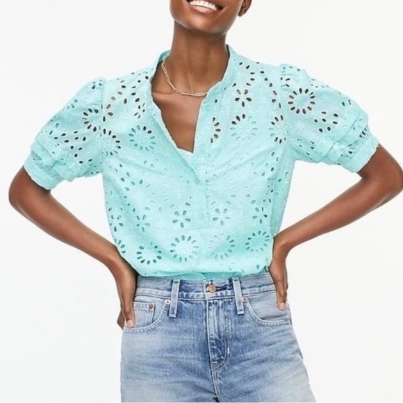 J Crew puff sleeve popover eyelet blue teal top blouse S - Picture 1 of 9
